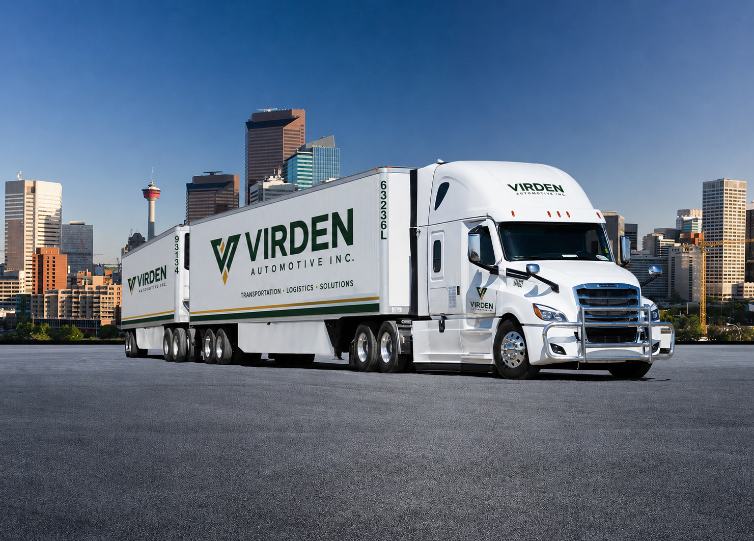 Branded Virden Automotive tractor and trailer combination on the yard